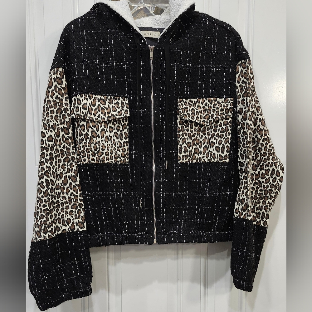 Kori animal print tweed zip up sherpa hoodie jacket women's size Large